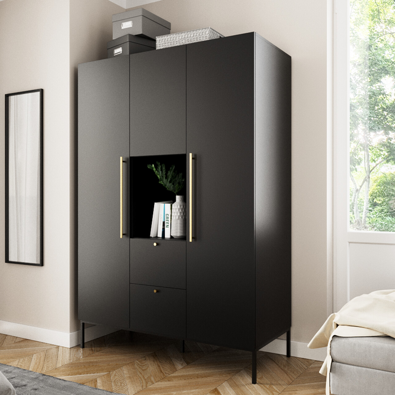 Dulap pentru haine ELTAP, Lanzzi, 135x60x200 cm, MDF laminat, negru/auriu - imagine 5
